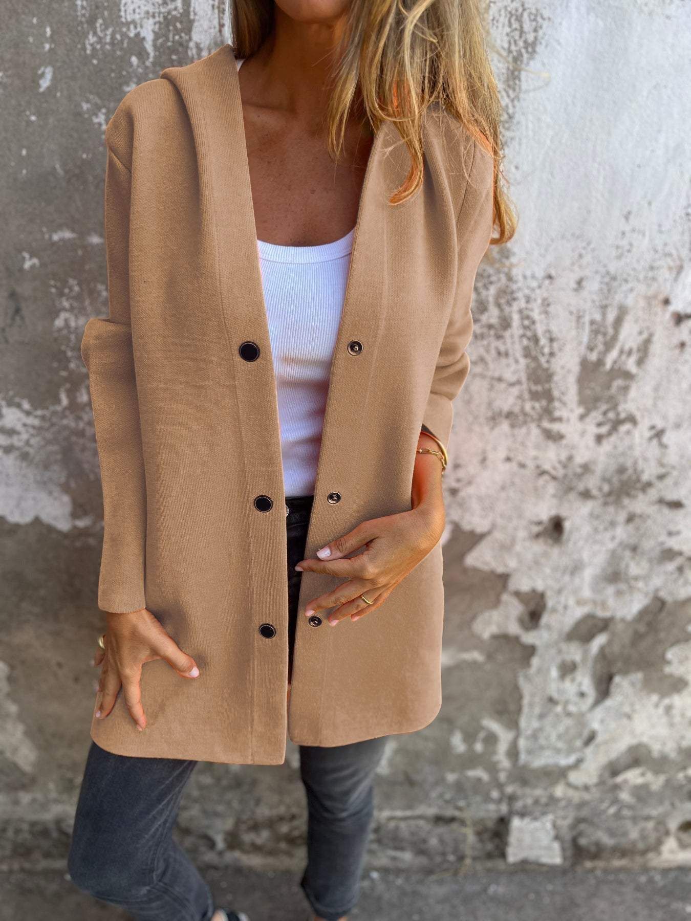 Casual Hooded Single-Breasted Cardigan Loose Solid Color Jacket