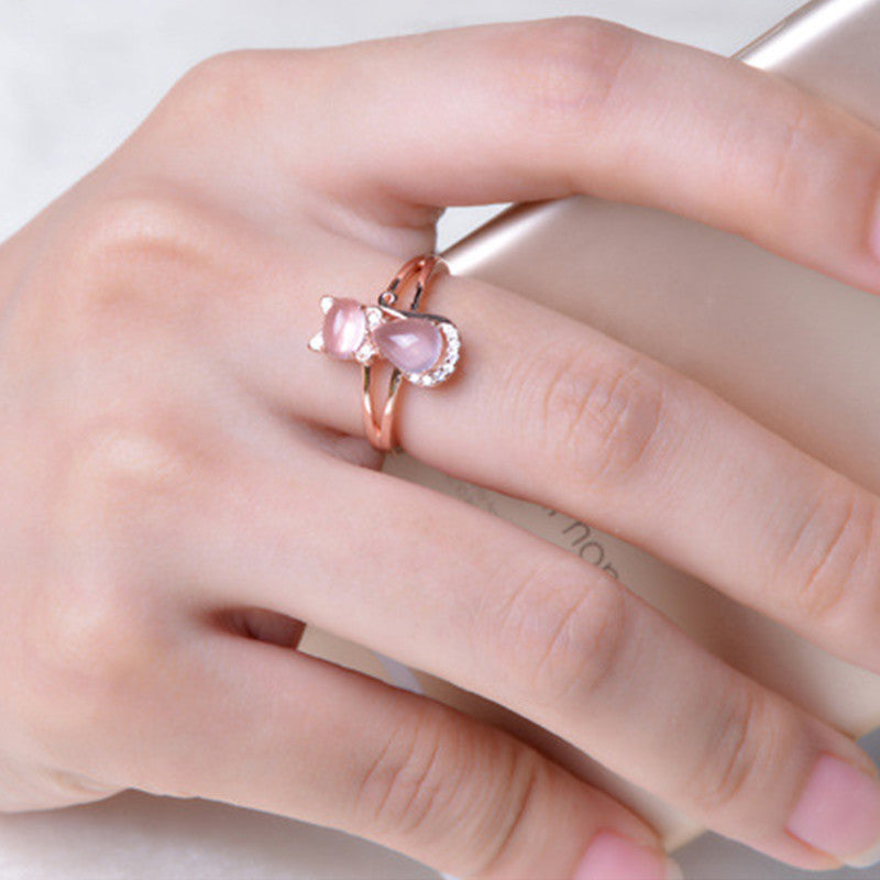 Rose Gold Plated Crystal Cute Animal Cat Ring