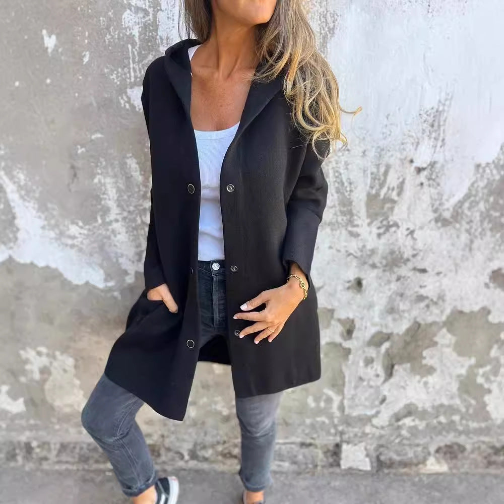 Casual Hooded Single-Breasted Cardigan Loose Solid Color Jacket